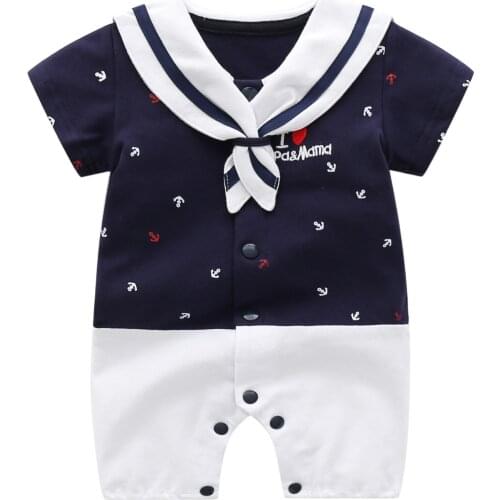 New summer childrens clothing baby boy navy style stitching short-sleeved cotton one-piece
