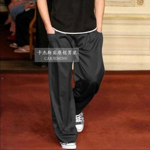 New Casual Straight Trousers Silk Pants Men Plus Size Pants Thin Tide Wide Legs Pants Sweatpants Singer Costumes M-4xl