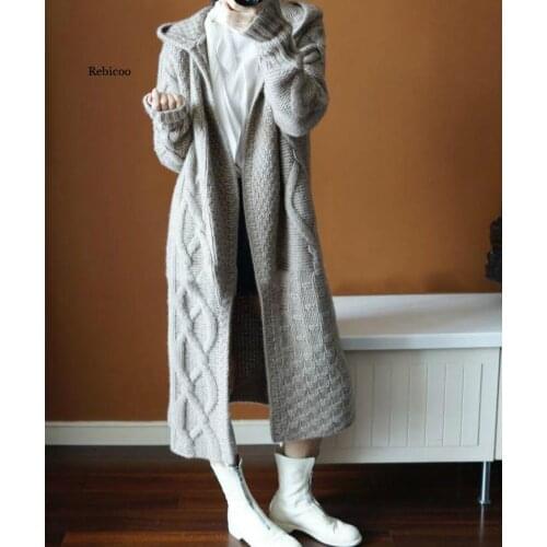 New Womens Cardigan Coat Hooded Sweater Long Women Warm Sweater Thick Knitted Female Sweater Winter Oversize