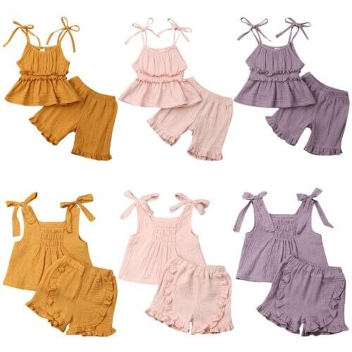 Toddler Girl Clothes Summer Toddler Kids Girl Cotton Linen Tops Dress Shorts Outfits Set Clothes 1-6Y