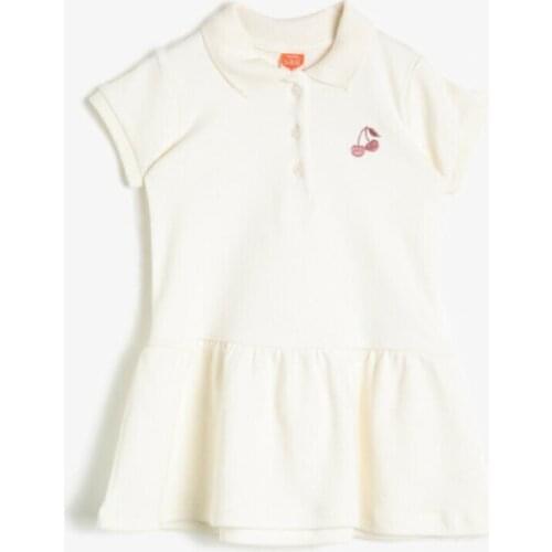 Female Child Ecru Button Detail Dress Cotton Midi Solid Color Short Sleeve Street Style Bike Collar