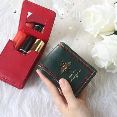 Portable Genuine Leather Makeup Bags Brand Design Short Wallets and Coin Purse for Women Mini Lipstick with Mirror Cosmetic Case