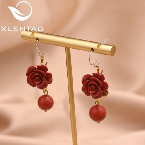 XlentAg Natural Red Coral Flower Beautiful Dangle Earrings For Women Red Agate Drop Earring 925 Sterling Silver Jewellery GE0417