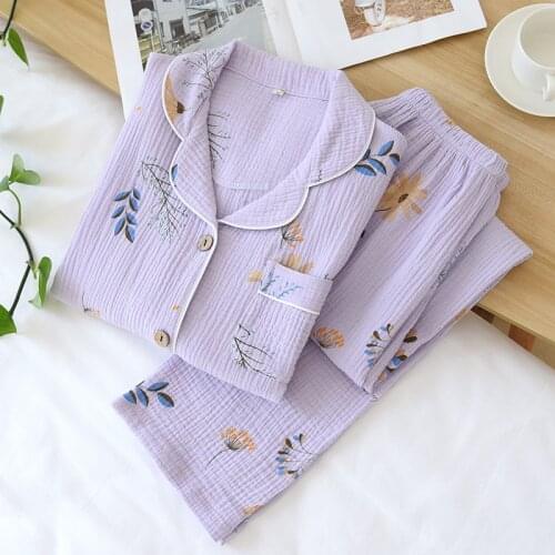 Women Cotton Pajamas Gauze Long Sleeve Spring Pijamas Set Purple Print Sleepwear 2 Piece Casual Pyjama Pour Femme Home Clothes