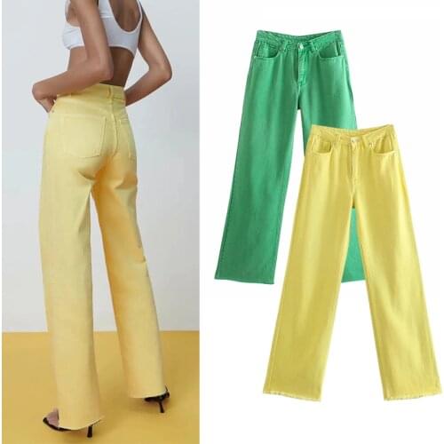 Cotton denim Za 2021 Office Jeans Woman Fashion Tassel Candy Green Yellow Streetwear Cowboy Pant Front Zip Wide Leg Women Jeans