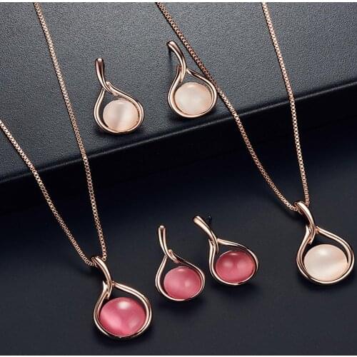 Women Round Shape Faux Opal Pendant Necklace Ear & Stud Earrings Jewelry Set Gift Drop Earrings Women Elegant Bridal Jewelry Wed