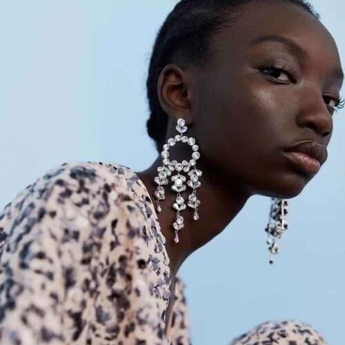 Jouval Statement Big Flower Rhinestone Circle Tassel Long Drop Dangle Earrings For Women Bride Palace Za Fashion Jewelry Brincos