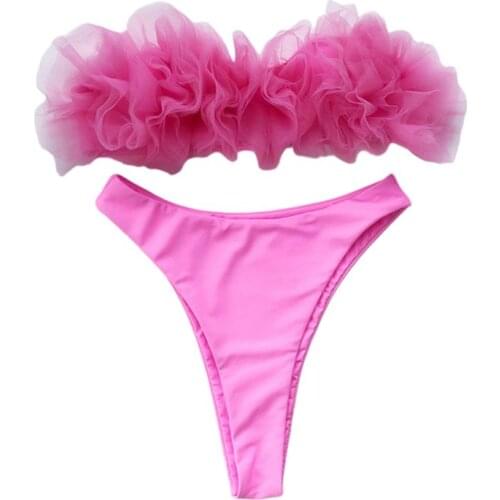 Women Sexy Bikini Set Strapless Solid Color Swimsuit Mesh Ruffles Bathing Suit A0NF