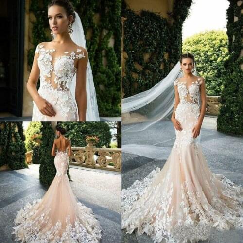 Sexy Backless Mermaid Wedding Dress Cap Sleeves Lace Applique Vestido De Novia Sweep Train Custom Made robe de mariee
