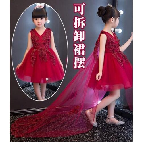 2017 Christmas Baby Girls Party Red Dress Evening Wear Long Tail Girls Clothes Elegant Flower Girl Dress Kids Baby Dresses 1-12T