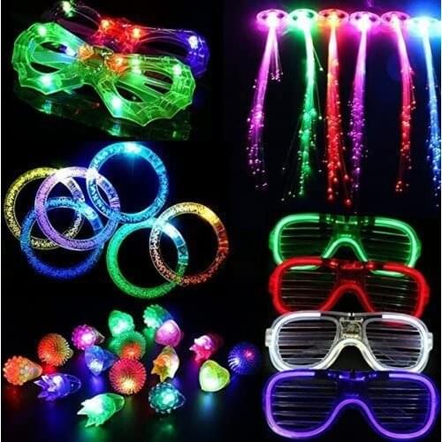 30 Pieces LED Light Up Party Favor Toy Set LED Party Pack LED Accessories Flashing Bumpy Rings Bubble Bracelets LED Glasses