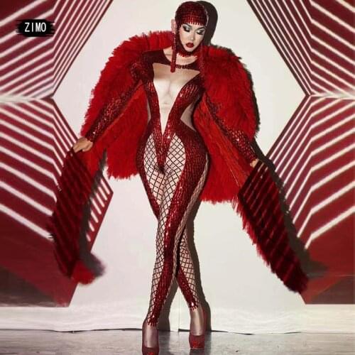 Shiny sequin Red jumpsuit coat headwear sets Sexy Women Birthday Celebration Evening Singer Party club outfits stage drag queen
