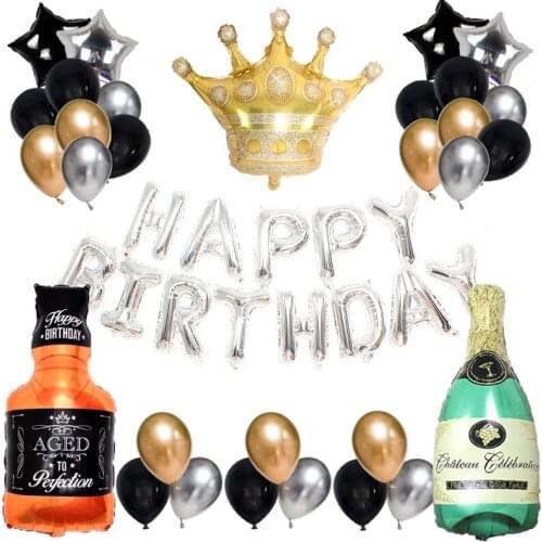Large gold crown balloons happy birthday letter star decorations kids and adult party Wine bottle Banners surprise globos