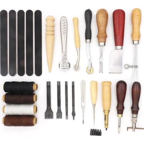 DIY Leather Tool Set, Punch Awl Polishing Rod Edge Knife, Leather Needle Thread, Multifuction Leather Making Supplies