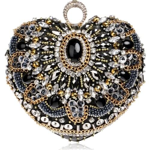 Handmade Beaded Diamond Clutch Evening Bags Women Heart Retro Embroidery Black Handbags LadiesBeading Rhinestone Banquet Purses