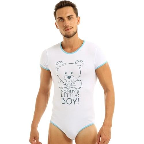 Mens Lingerie Cute Bodysuit Round Neck Short Sleeves Button Crotch Jockstraps Pouch Snap Closure Print Bodysuit Romper Pajamas