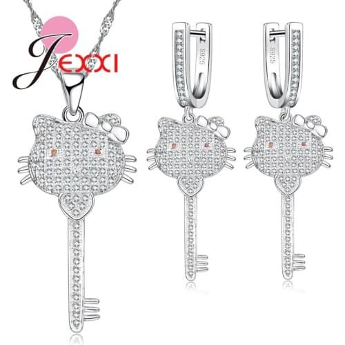 Pretty Cute Cat Design Women Girls 925 Sterling Silver Fashion Jewelry Set Key Pendant For Necklace & Earrings Wholesale