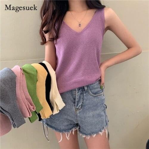 Fashion Women Top Sexy Tank Tops Knitted Solid Knitting Women Clothing 2021 Summer V-neck Candy Color Ice Silk Tops Inside 13942