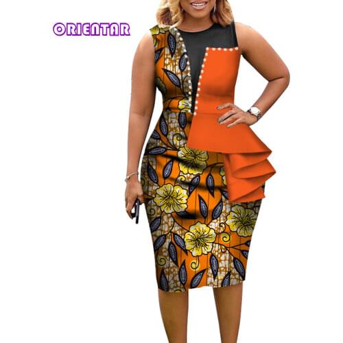 Fashion African Dresses for Women Bazin Riche African Print Cotton Midi Dress Sleeveless Bodycon Elegant Party Clothes WY3798