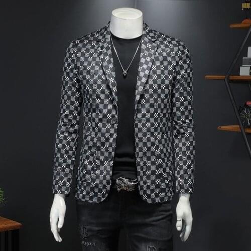 Mens Stylish Blazer Technology Plaid Printing Blazer Men Trend Brand Fashion Business Blazer Masculino Slim Blazers Para Hombre