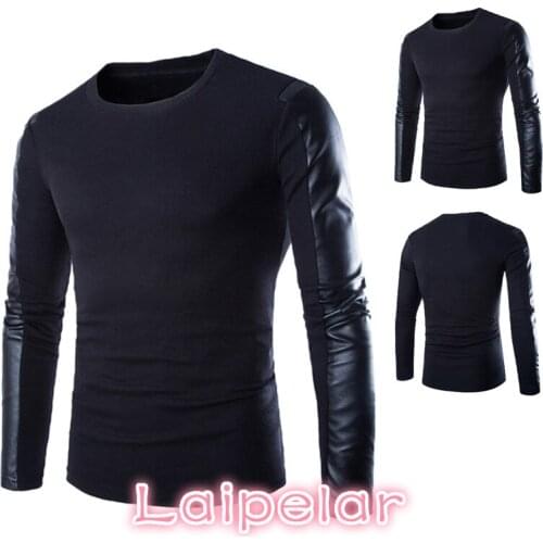 High Quality Brand Men Sweater PU Leather Cotton Patchwork Pullover Male Casual Long Sleeve Puls Size Jumper Man Clothes