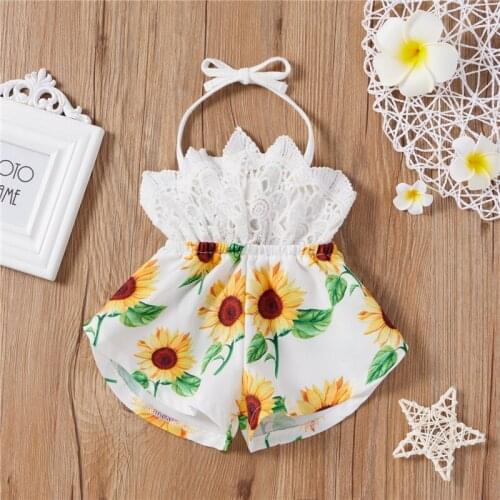 0-24M Baby Girl Clothes Sunflower Print Short Romper Floral Hollow Out Sleeveless Lace Up Jumpsuit for Summer