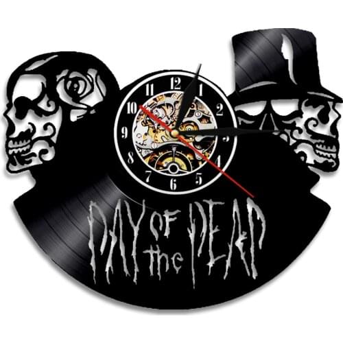 The Day Of The Dead Skulls Vinyl Record Wall Clock Led Light Home Decor Wall Watch With Remote Controller Gift For Skull Fans