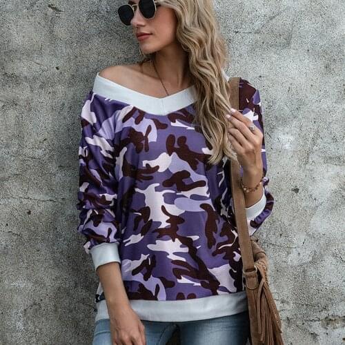 Autumn Women Camouflage T Shirts Female Casual Top Camouflage Top Long Sleeve T-shirt Woman V Neck Loose Tops Tee