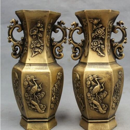 Song voge gem S2729 10" Eximious Chinese Bronze Buddhist Bird Crane Pine Tree Statue Pot Vase Pair