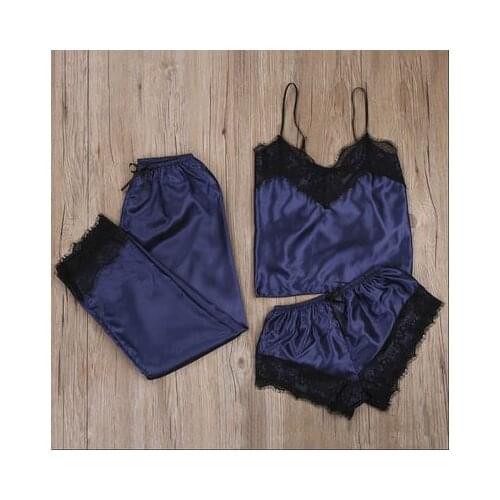 3 PCS Backless Satin Sexy Pajamas Black Lace Pajamas With Pants Loose Spaghetti Strap Intimate Lingerie Sleepwear Women Set