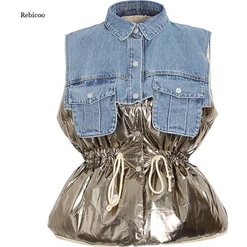 Casual Cotton Coat for Women Lapel Sleeveless Drawstring Patchwork Pocket Hit Color Vest Female Fashion New Winter