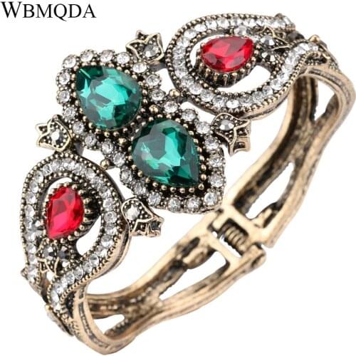 Wbmqda Luxury Antique Gold Color Bangles Bracelets Women Turkish Jewelry Boho Retro Glass Crystal Cuff Bracelet Hand Accessories
