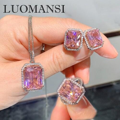 Luomansi Luxury S925 Silver Square High Carbon Diamond Jewelry Set Ring / Earring / Pendant Necklace Wedding Birthday Gift