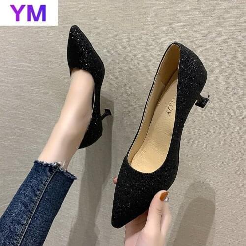 Spring Autumn Bling Bling Female Heels Women Shoes Brand Pumps Office Ladies Working Solid Pointed Toe Dress Plus Size 34-43