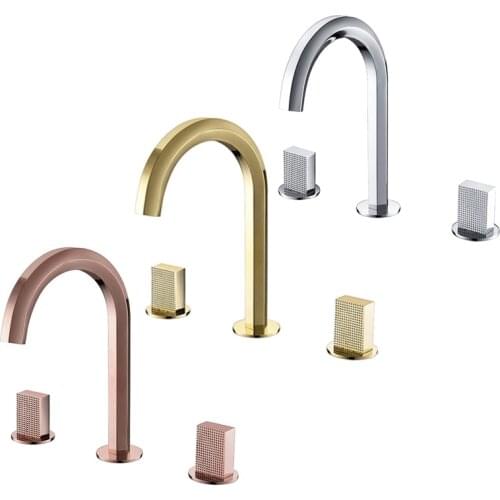 Rose Gold/Gold/Chrome Brass Bathroom Basin Faucet Hot and Cold Water Mixer Tap Three Hole Dual Knurling Handle Widespread Faucet