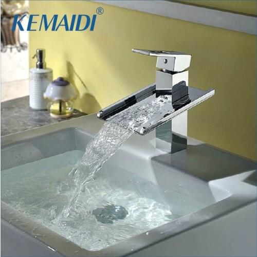 KEMAIDI Bathroom Sink Faucet Square Spout Chrome Basin Faucets Deck Mounted Tap Mixer Waterfall Faucets Solid Brass Tap