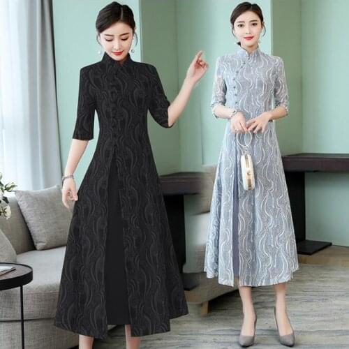 Traditional Chinese dress Vietnam Ao dai dresses Summer Lace Qipao Women black