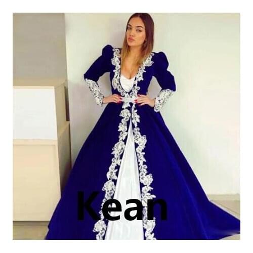 Vintage Royal Blue Moroccan Kaftan Evening Dress Mother Dress White Appliques Vestido de Renda Groom Mother Formal Party Dress