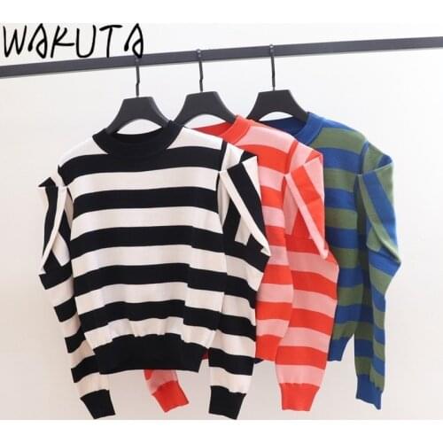 WAKUTA Vintage Striped Sweater Women Loose Puff Sleeve O-neck Long Sleeve Knitted Pullovers 2020 Autumn Winter Oversized Tops