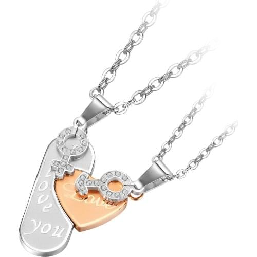I LOVE YOU Jewelry Cubic Zirconia Stainless Steel Couple Pendant Necklace Men and Women perfect gift for birthday or Valentines