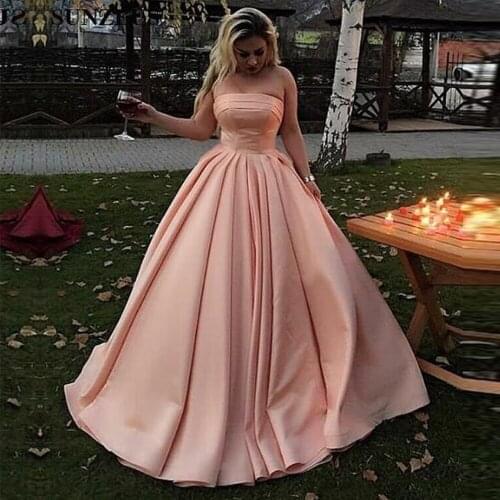 YIWUMENSA Blush Pink Satin Ball Gown Prom Dresses Plus Size Strapless Pleated Waist Formal Evening Party Gowns Abendkleider