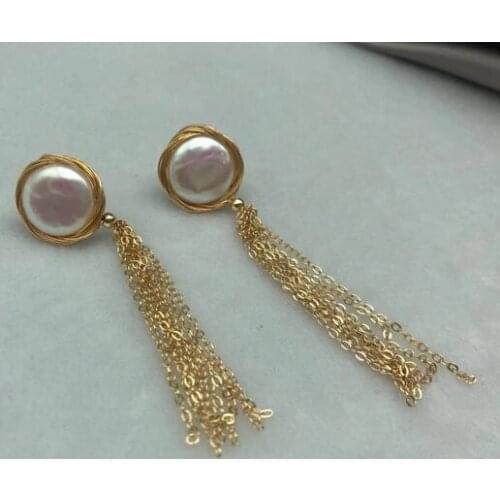 Jewelry Hand woven 14k Note gold pair 100% Natural freshwater Coin Pearl long Earring for women with 925 sterling Silver drop