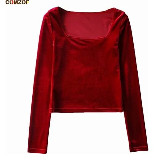 New Arrival Women Velvet T Shirt Long Sleeve Vintage Square Collar Velour Tees 2021 Autumn Winter Tops Roupas Femininas