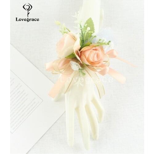 Champagne Ribbon Wrist Corsage Bride Bridesmaid Women Hand Wrist Flower Groom Boutonniere Buttonhole Men Corsages Wedding Decor