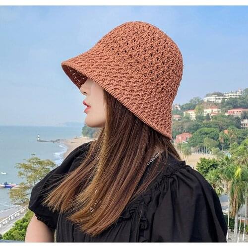 New Solid Color Handmade Crochet Floppy Top Summer Hats For Women Hollow Out Knit Dome Bucket Hat Wide Brim Foldable Beach Caps