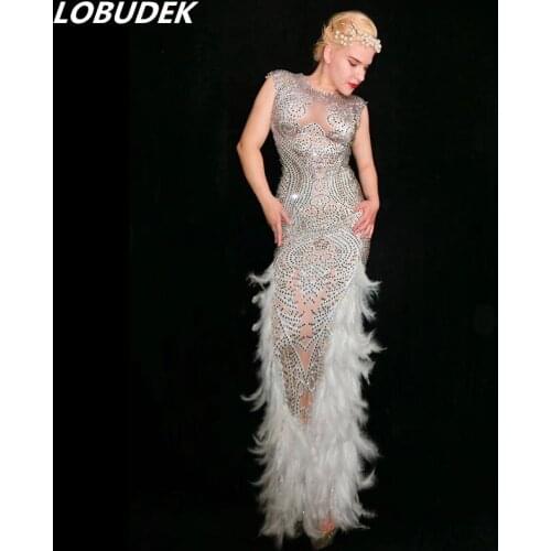 Big Stretch Sparkly Rhinestones Feathers Skinny Dress Sexy Sleeveless Crystals Long Dress Female Singer Dancer Nightclub Costume
