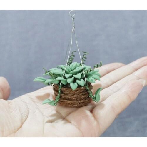 1/12 Scale Dollhouse Mini Hanging Potted Plants Model Clay Flower Decor