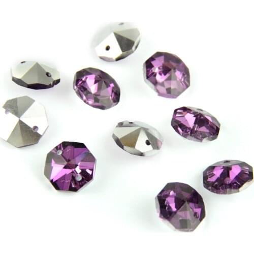 100pcs/Lot 14mm Amethyst With Silver Back In 2 Holes Crystal Octagon Beads For Decoration