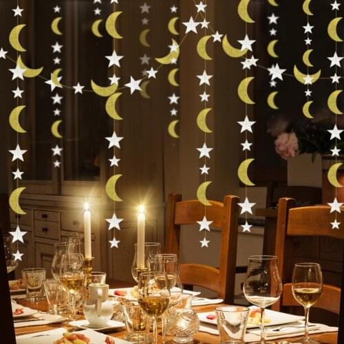 2M Golden Moon Star Hanging Garland Eid Mubarak Wall Bunting Decoration Home Wall Curtain Deco Ramadan Mubarak Kareem Supplies