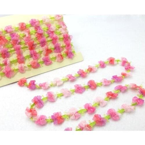 2 Yards Rococo Ribbon Trim with Pink Colorful Chiffon Flower|Decorative Floral Ribbon|Scrapbook Materials|Clothing|Decor